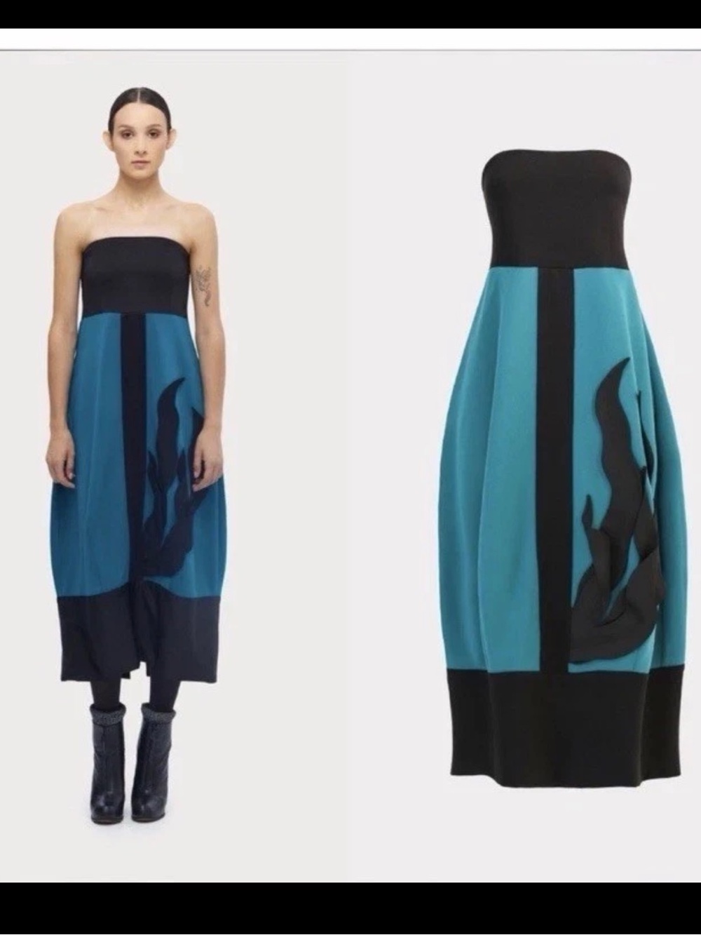NWT Julia Allert Azure Strapless Teal and Black Midi Dress with Appliqué XL